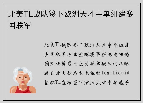北美TL战队签下欧洲天才中单组建多国联军