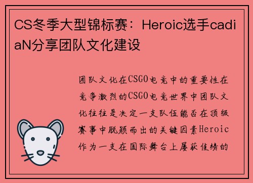 CS冬季大型锦标赛：Heroic选手cadiaN分享团队文化建设