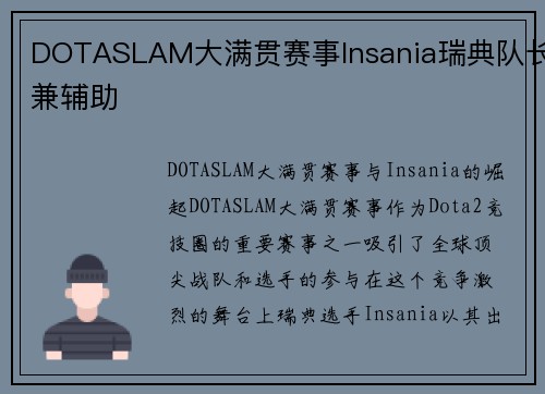 DOTASLAM大满贯赛事Insania瑞典队长兼辅助