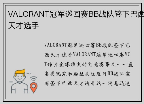 VALORANT冠军巡回赛BB战队签下巴西天才选手