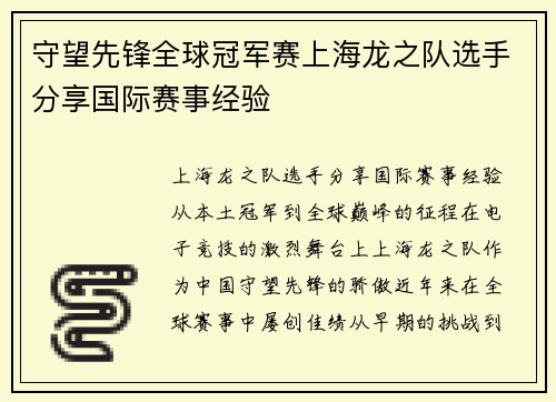 守望先锋全球冠军赛上海龙之队选手分享国际赛事经验